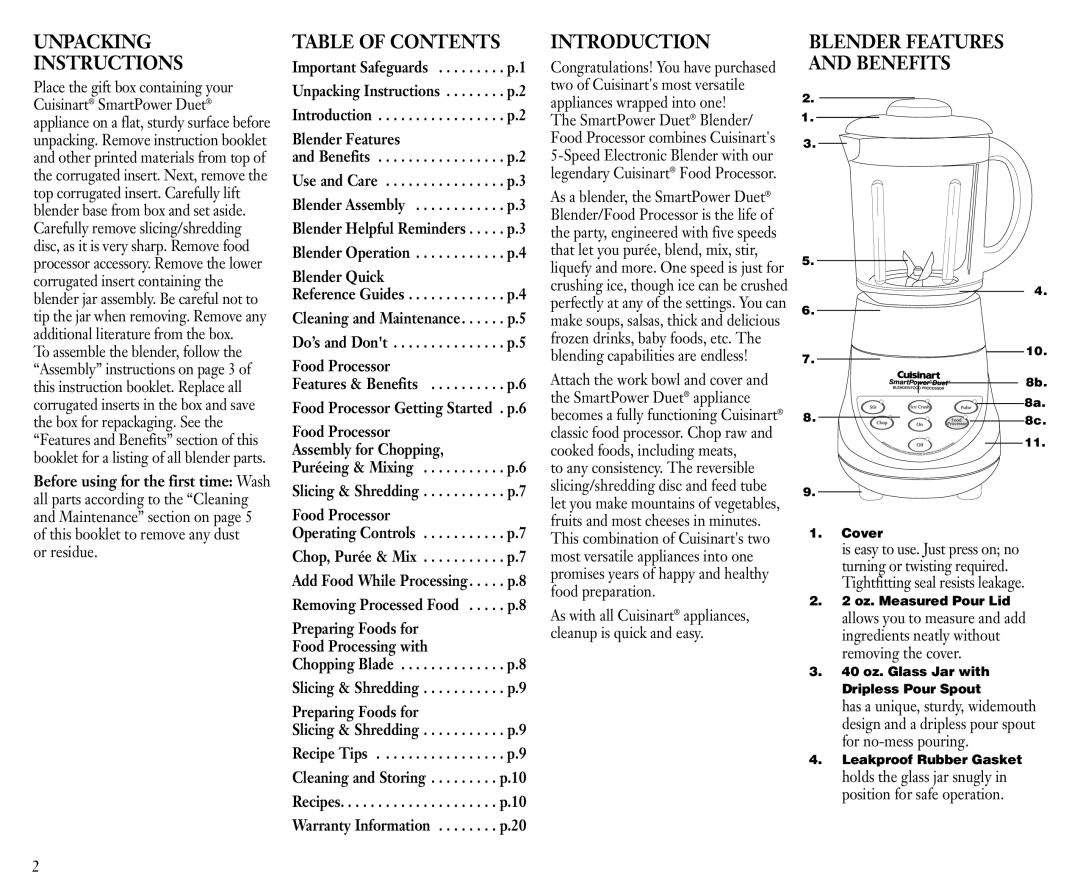 Cuisinart FPB-5 manual Unpacking Instructions, Table of Contents, Introduction 