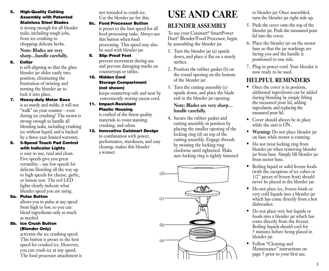 Cuisinart FPB-5 manual Blender Assembly, Helpful Reminders 