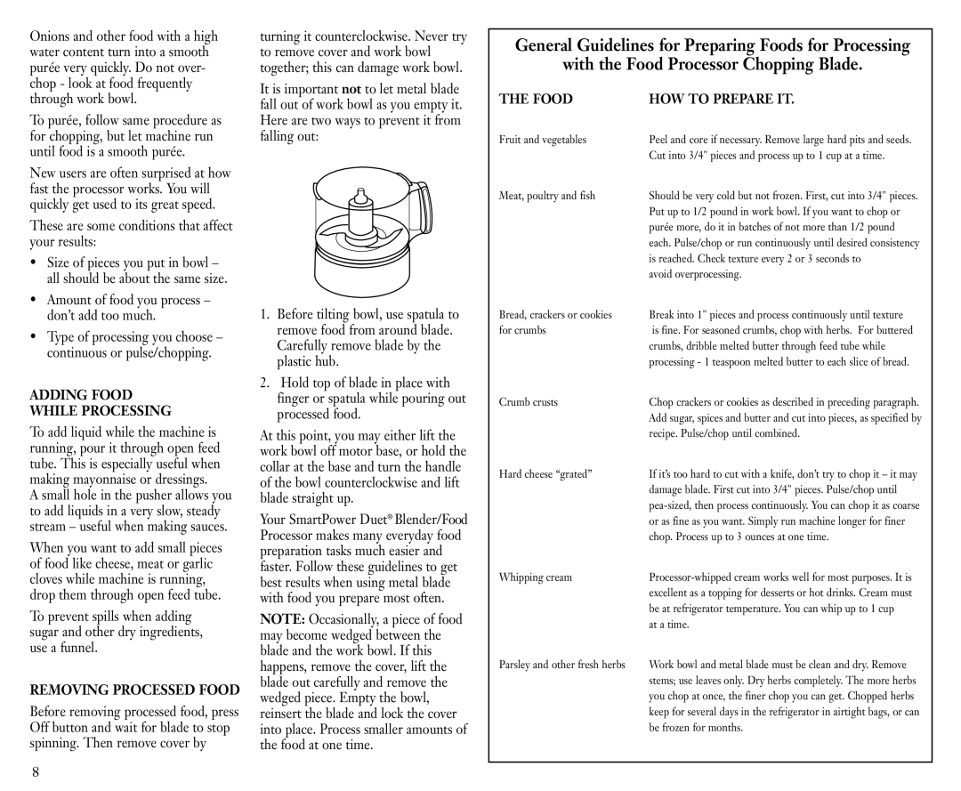 Cuisinart FPB-5 manual These are some conditions that affect your results, Amount of food you process don’t add too much 