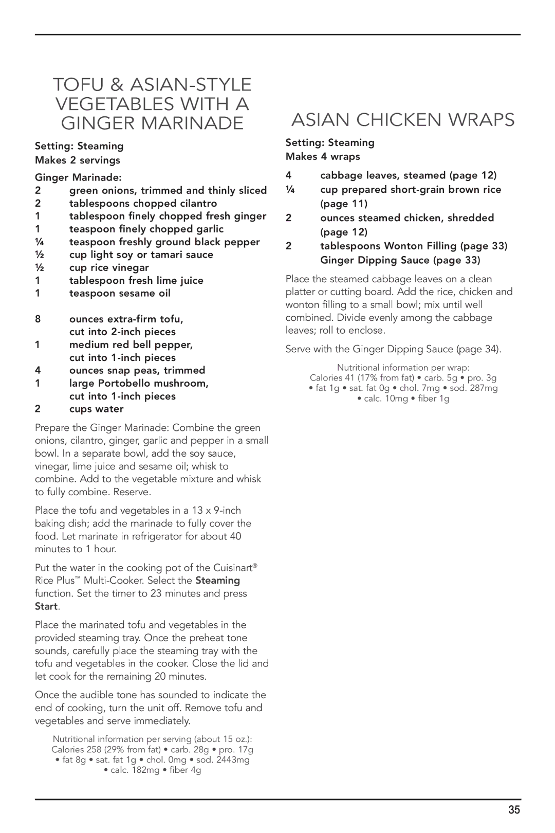 Cuisinart FRC-800 manual Tofu & Asian-Style Vegetables with a Ginger Marinade, Asian Chicken Wraps 
