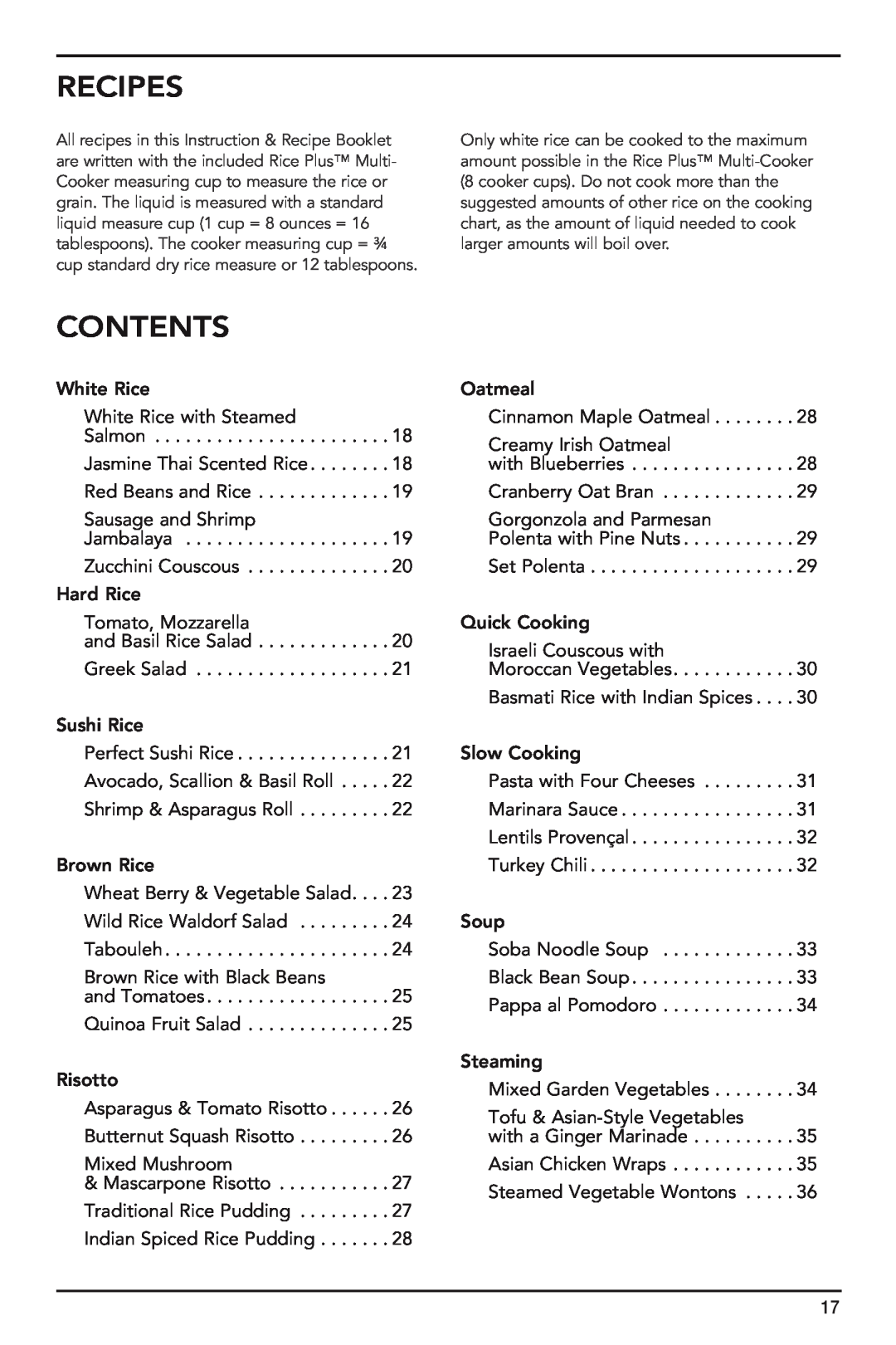 Cuisinart FRC-800 manual Recipes, Contents 