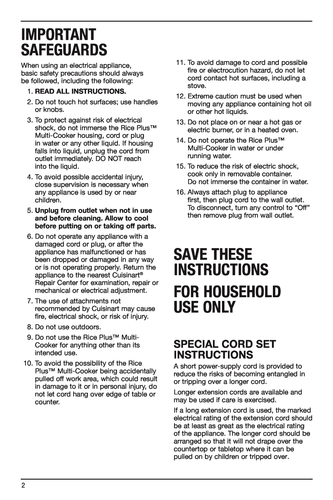 Cuisinart FRC-800 manual Special Cord Set Instructions, Safeguards, Save These Instructions, For Household Use Only 