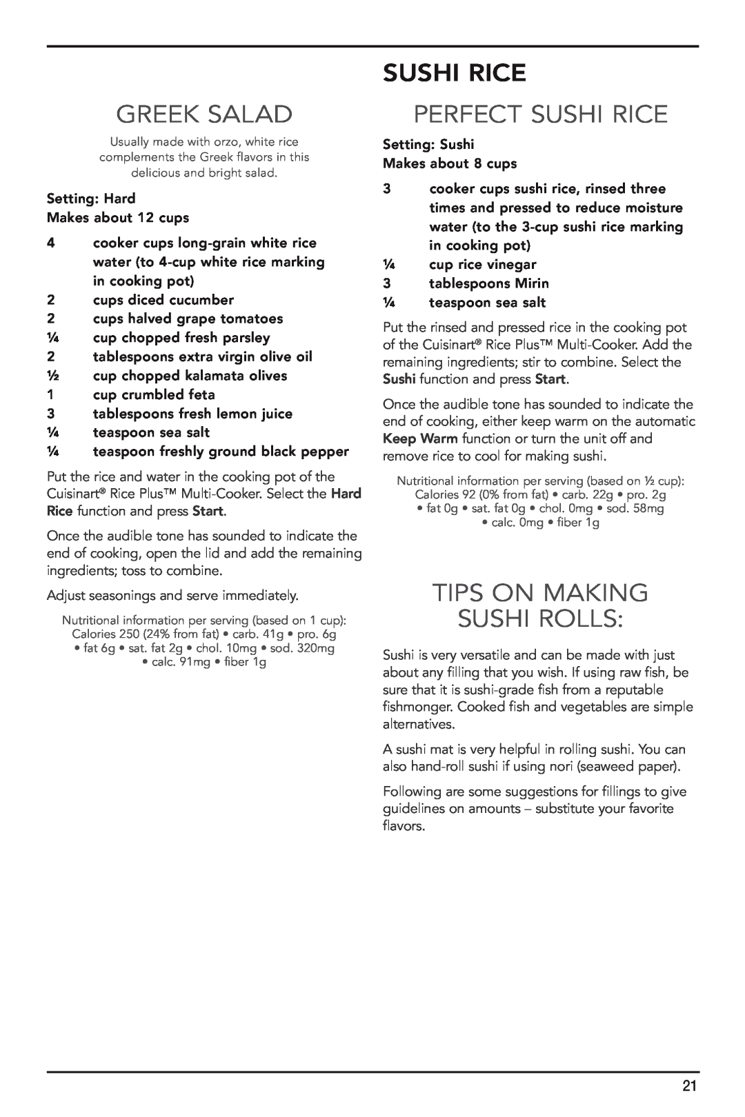 Cuisinart FRC-800 manual Greek Salad, Perfect Sushi Rice, Tips on Making Sushi Rolls 