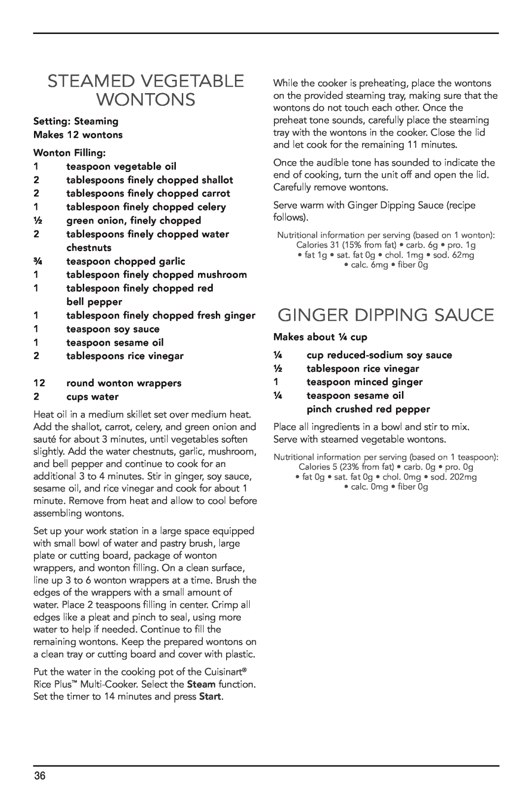 Cuisinart FRC-800 manual Steamed Vegetable Wontons, Ginger Dipping Sauce 