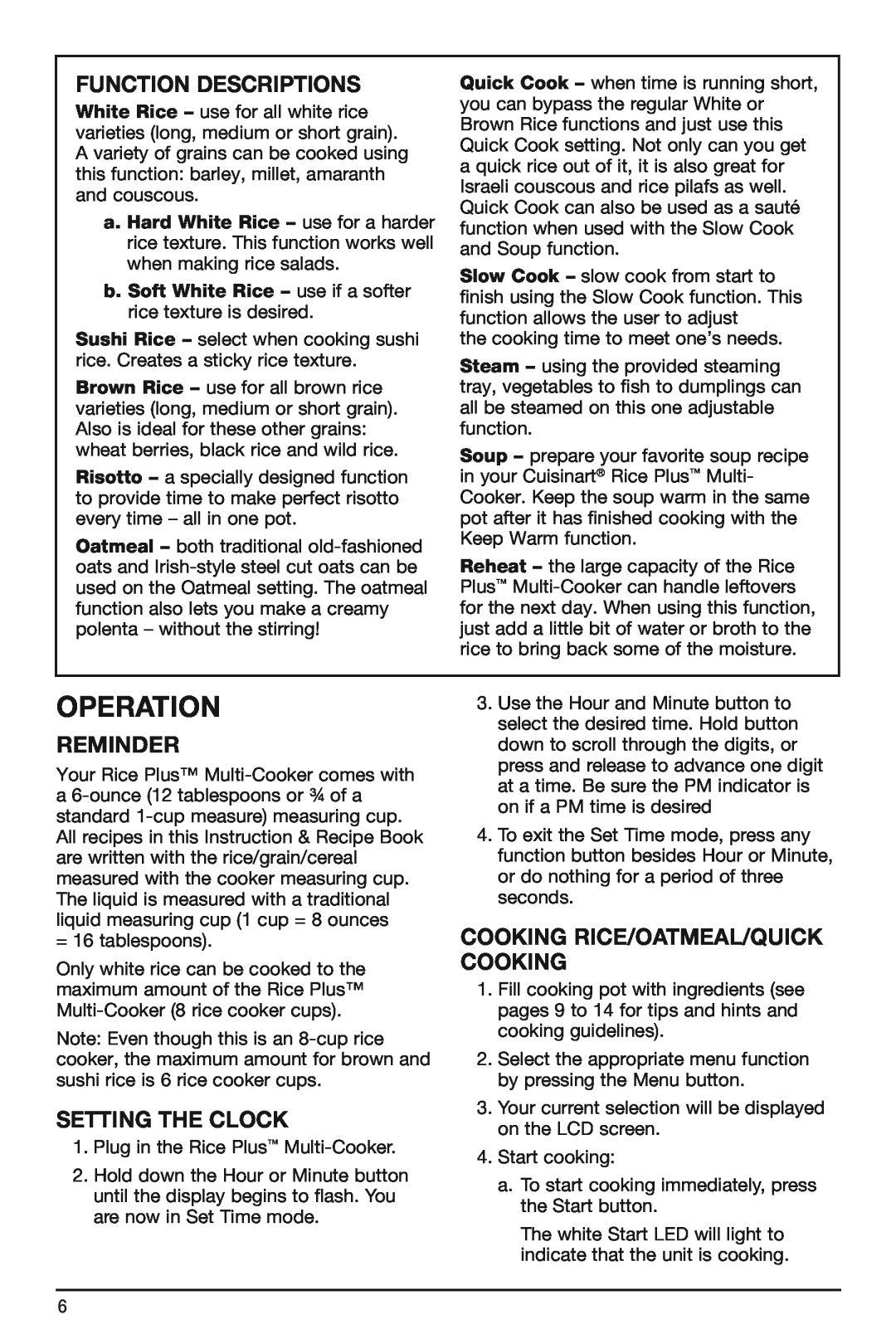 Cuisinart FRC-800 manual Operation, Function Descriptions, Reminder, Setting the Clock, Cooking Rice/Oatmeal/Quick Cooking 