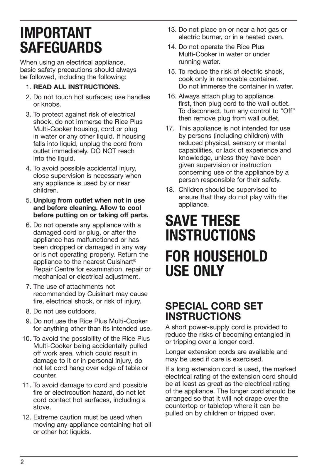 Cuisinart FRC-800A manual Safeguards, Special Cord SET Instructions 