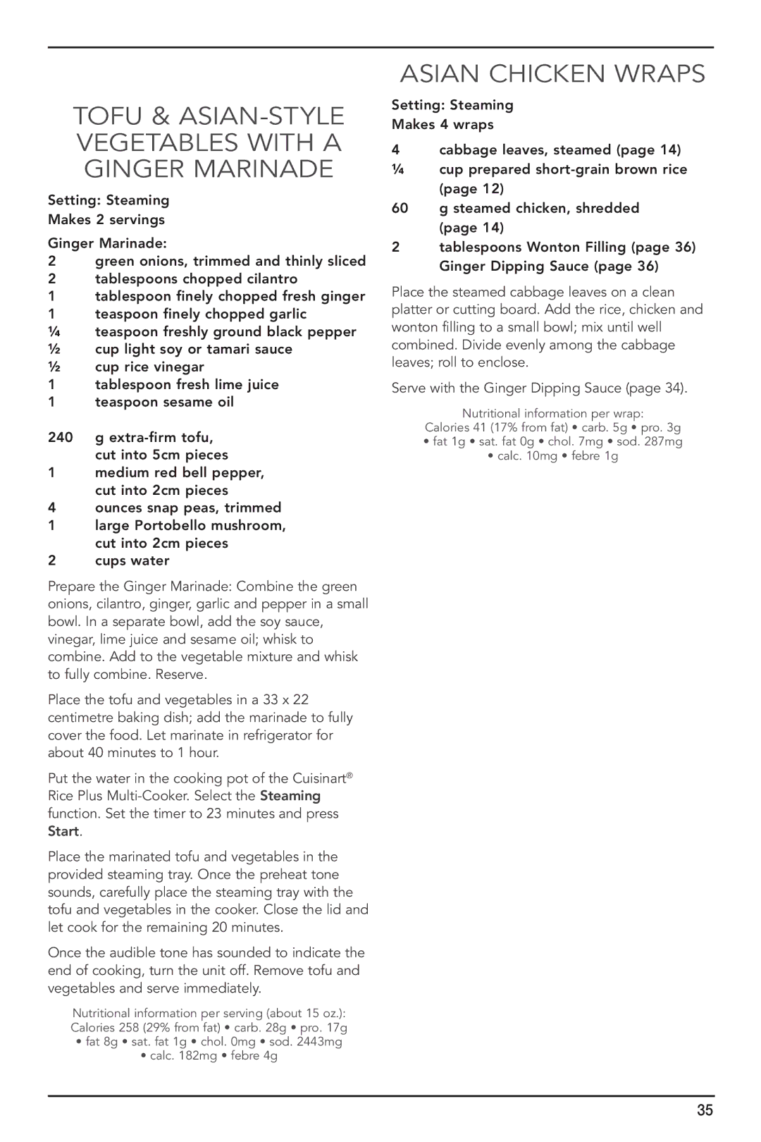 Cuisinart FRC-800A manual Tofu & Asian-Style Vegetables with a Ginger Marinade, Asian Chicken Wraps 