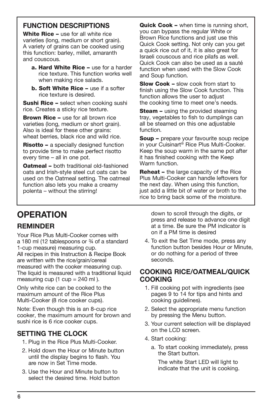 Cuisinart FRC-800A manual Operation, Reminder, Setting the Clock, Cooking Rice/Oatmeal/Quick Cooking 