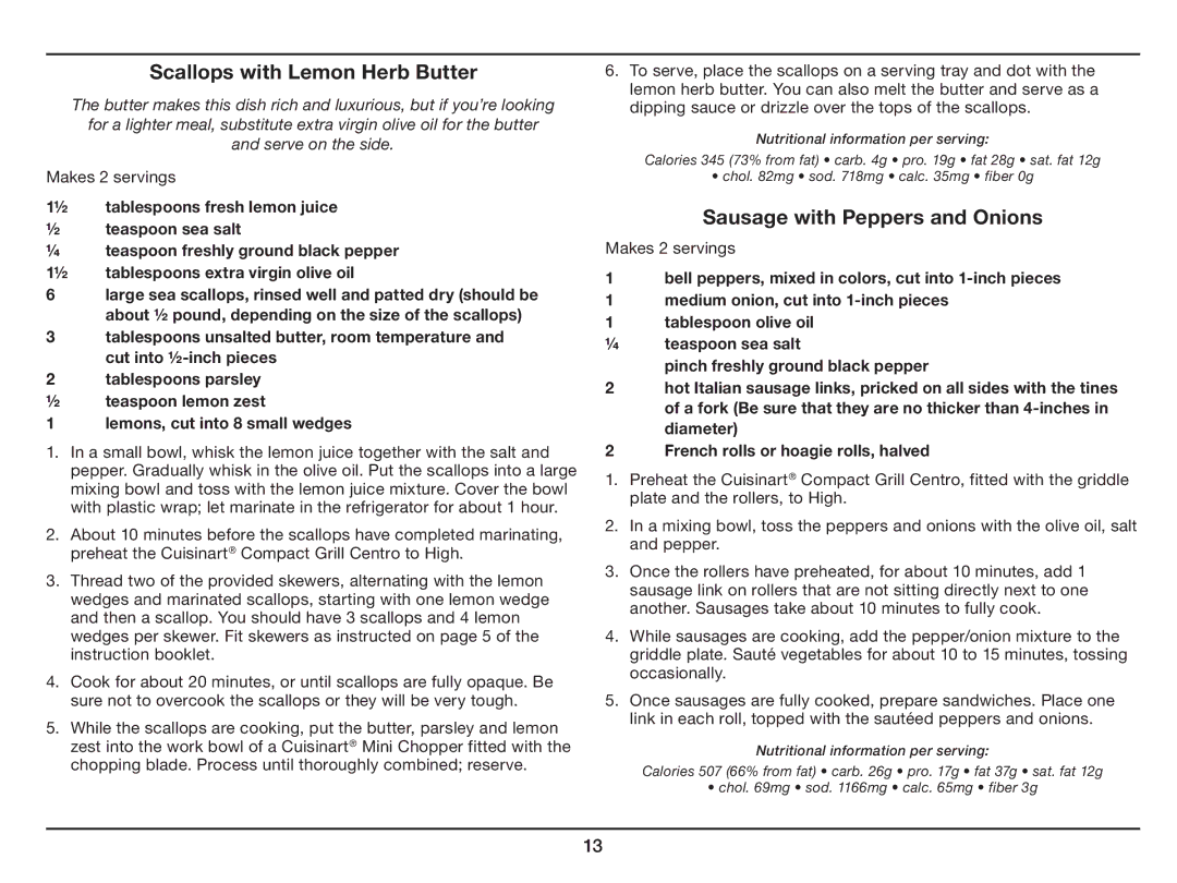 Cuisinart GC-15 manual Scallops with Lemon Herb Butter, Sausage with Peppers and Onions 