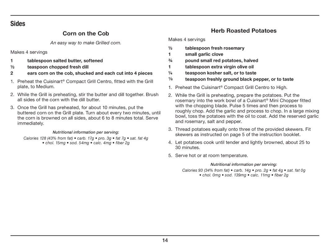 Cuisinart GC-15 manual Corn on the Cob, Herb Roasted Potatoes 