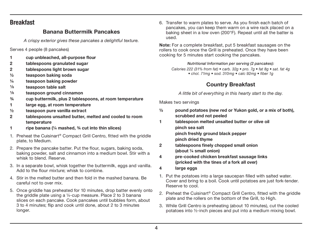 Cuisinart GC-15 manual Banana Buttermilk Pancakes, Country Breakfast 