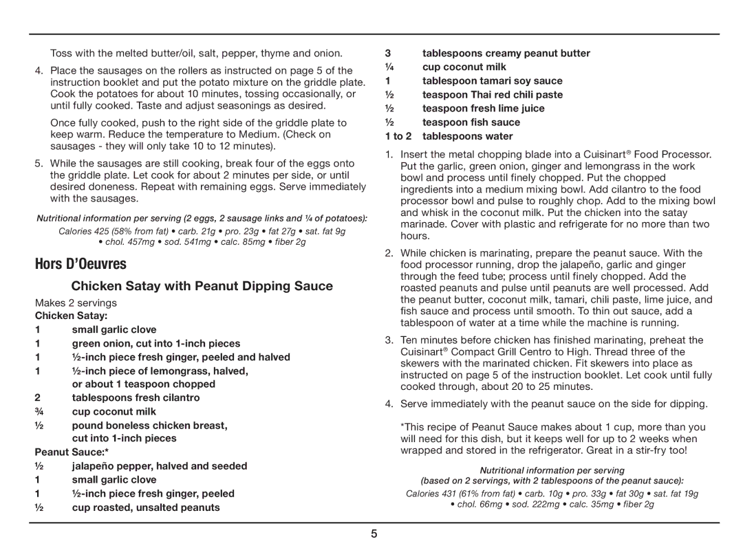 Cuisinart GC-15 manual Chicken Satay with Peanut Dipping Sauce 