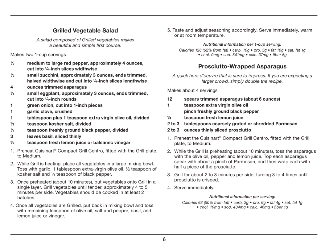 Cuisinart GC-15 manual Grilled Vegetable Salad, Prosciutto-Wrapped Asparagus 