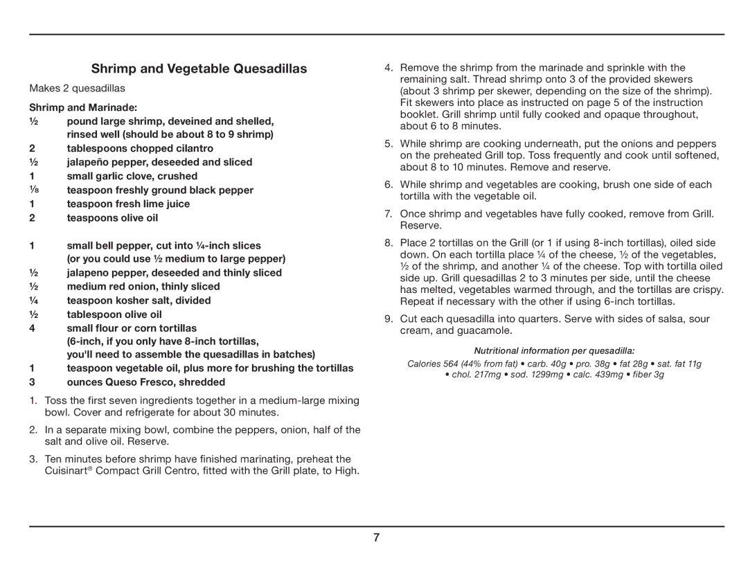 Cuisinart GC-15 manual Shrimp and Vegetable Quesadillas 