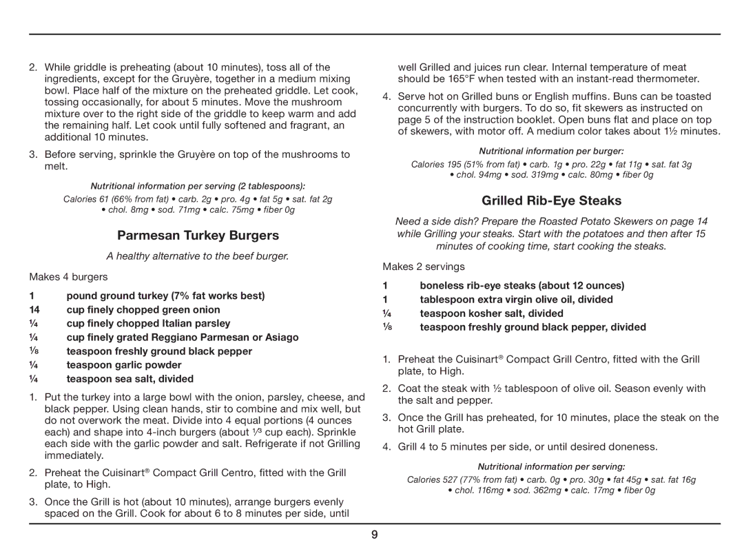 Cuisinart GC-15 manual Parmesan Turkey Burgers, Grilled Rib-Eye Steaks 