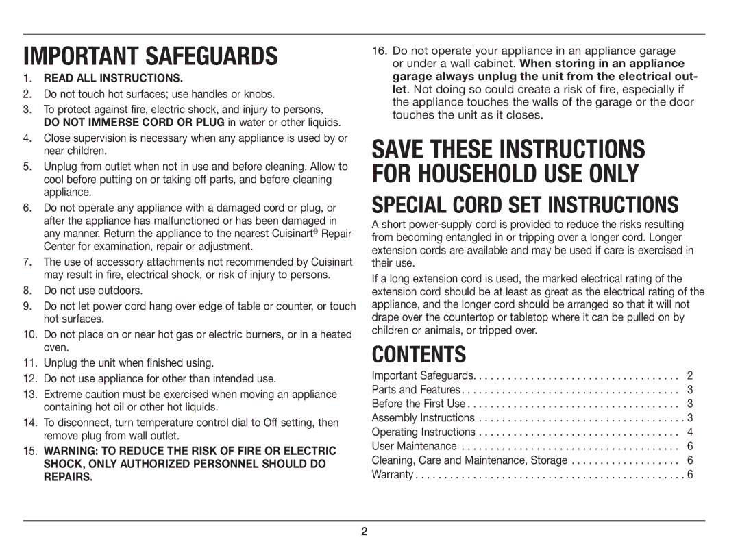 Cuisinart GC-15 manual Important SafeguardS, Contents 