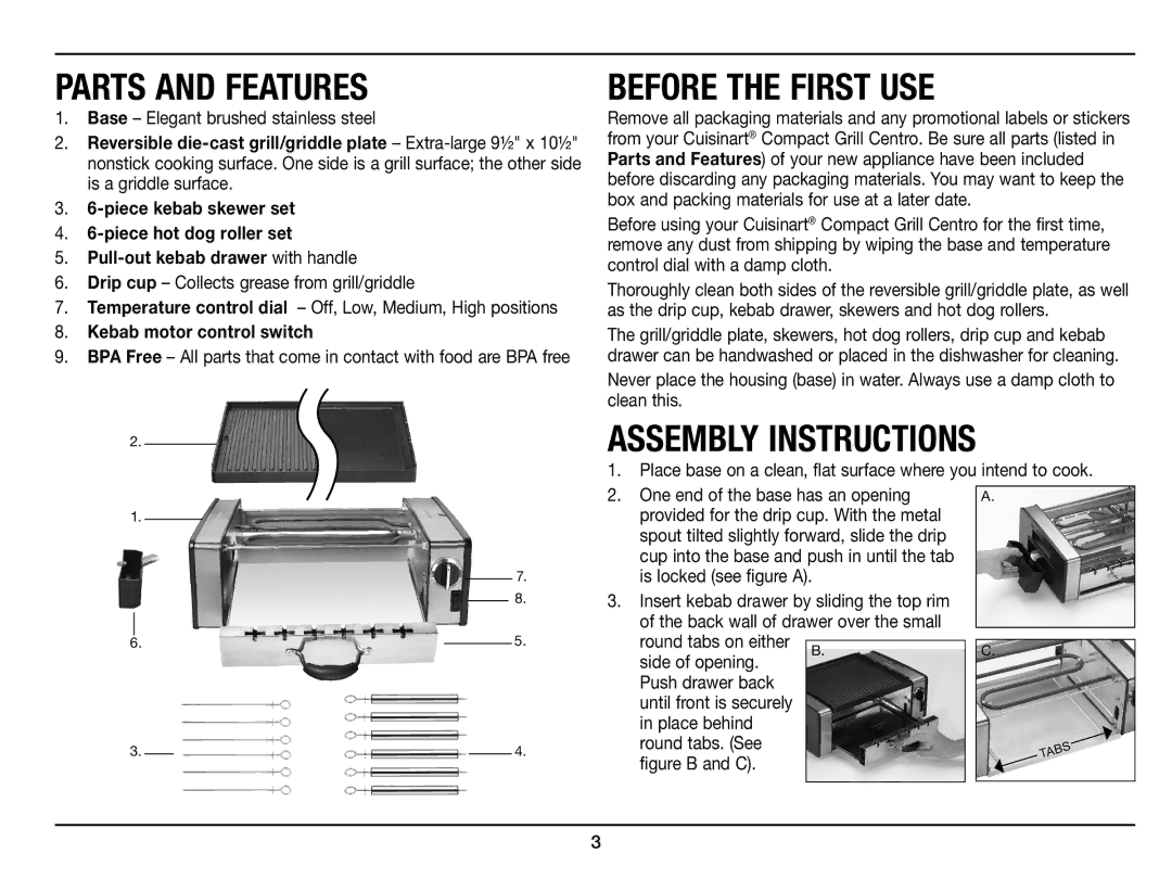 Cuisinart GC-15 manual Parts and Features, Before the first use, Assembly instructions, Kebab motor control switch 