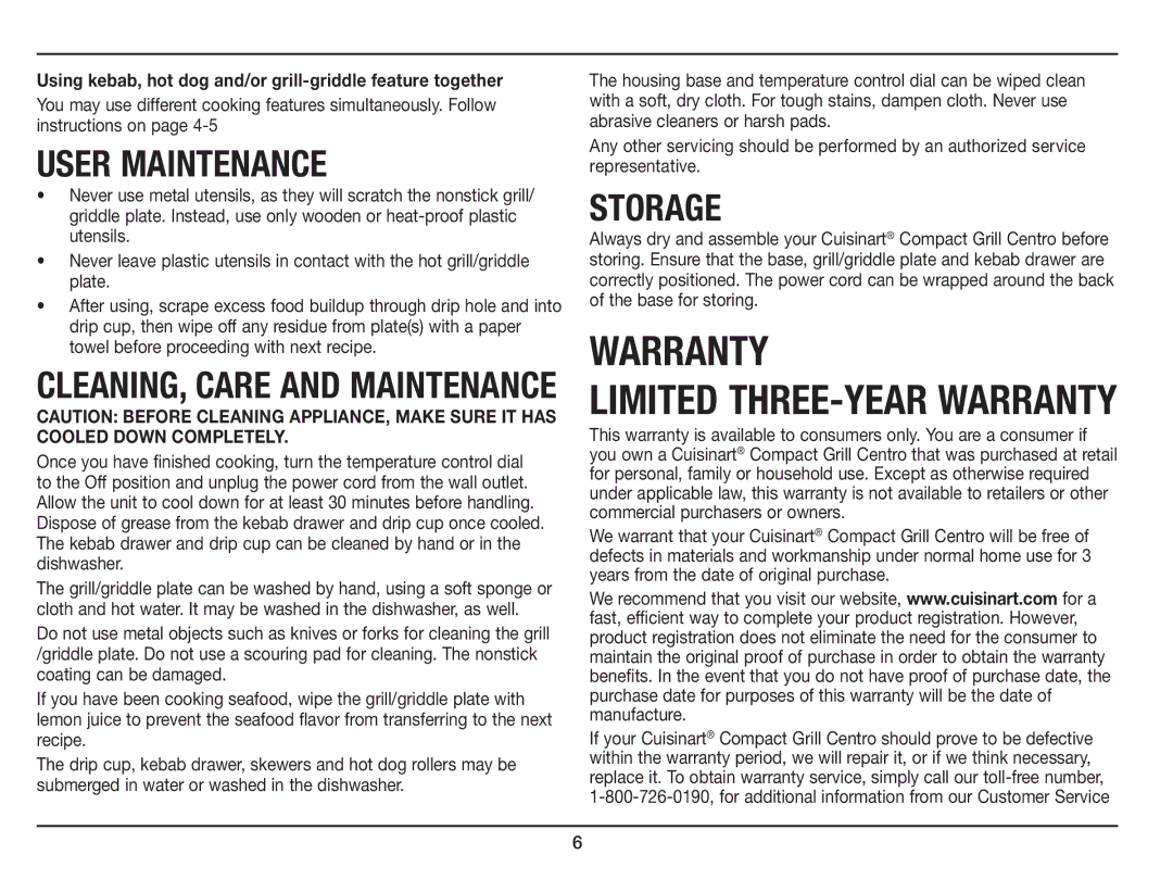 Cuisinart GC-15 manual Limited Three-Year Warranty, User Maintenance, Cleaning, Care and Maintenance, Storage 