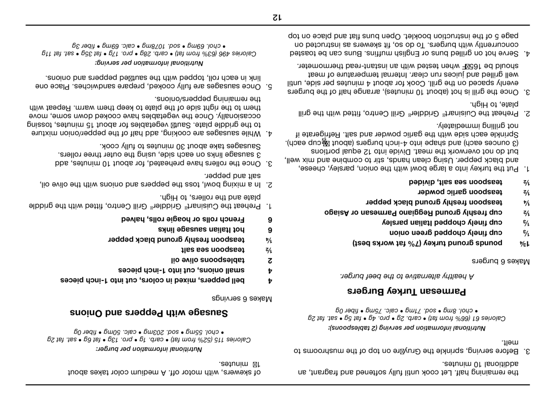 Cuisinart GC-17N manual Onions and Peppers with Sausage, Burgers Turkey Parmesan 