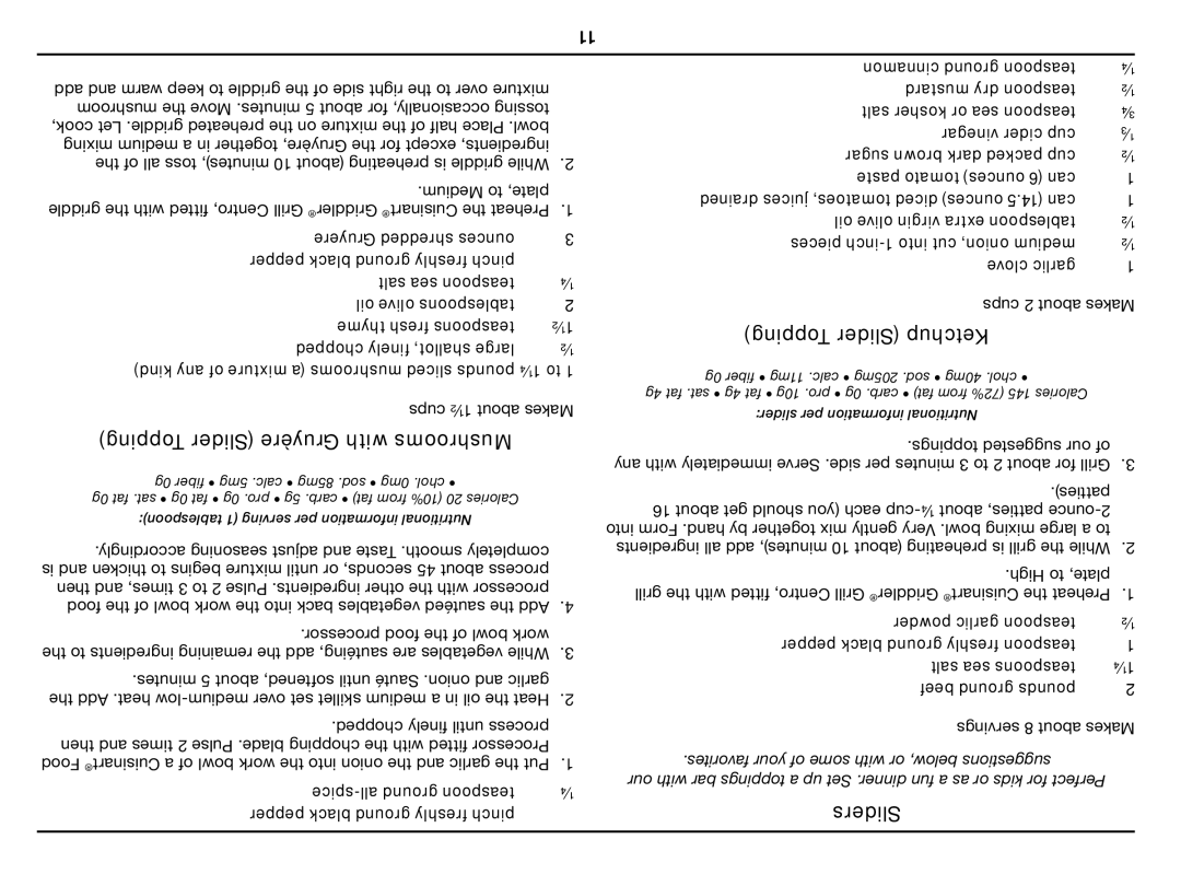 Cuisinart GC-17N manual Topping Slider Gruyère with Mushrooms, Topping Slider Ketchup, Sliders 