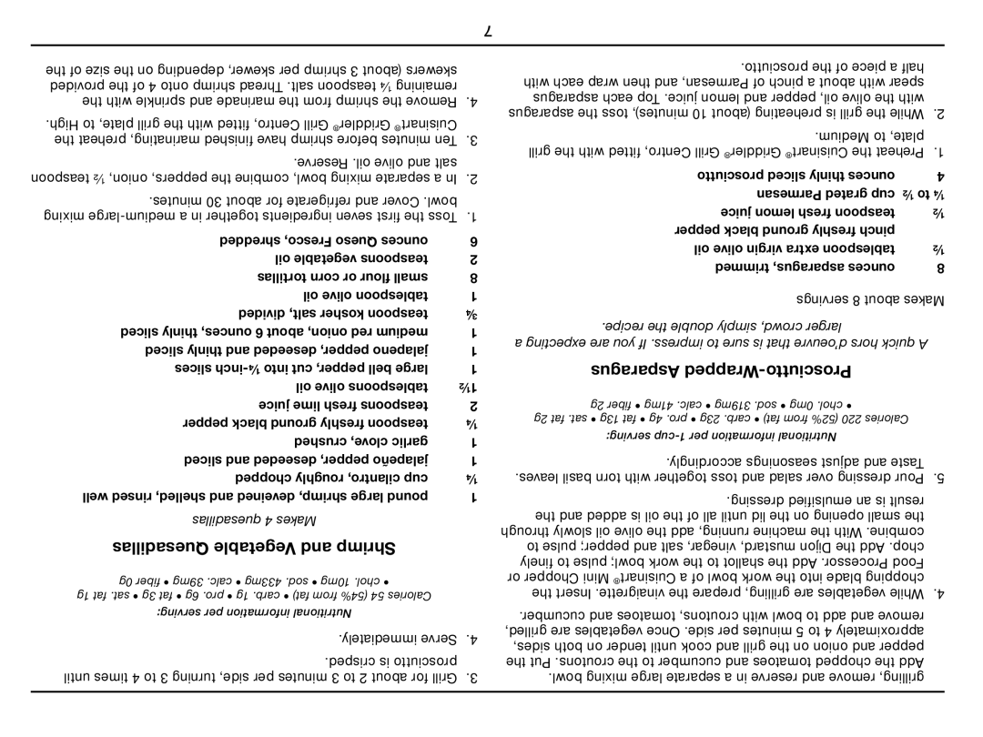 Cuisinart GC-17N manual Quesadillas Vegetable and Shrimp, Asparagus Wrapped-Prosciutto, Prosciutto sliced thinly ounces 