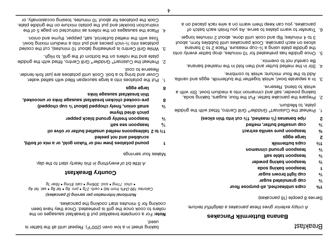 Cuisinart GC-17N manual Breakfast Country, Pancakes Buttermilk Banana, Eggs large Links sausage breakfast thin 