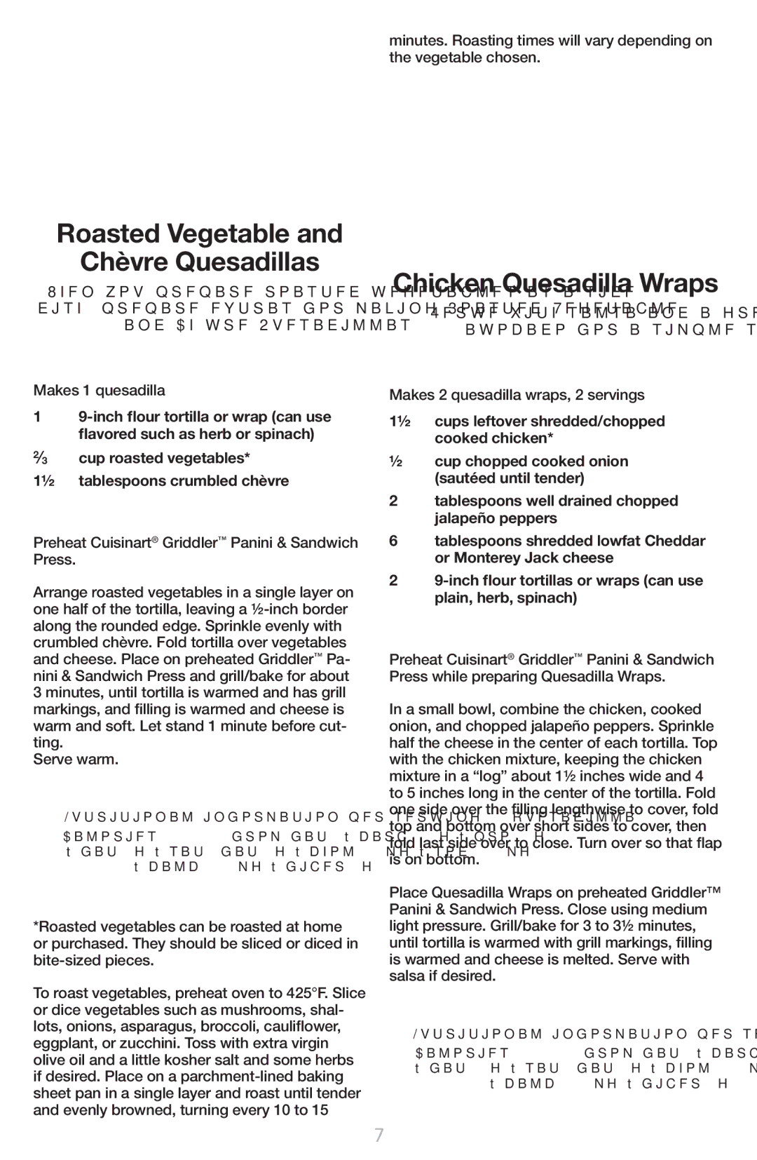 Cuisinart GR-1 manual Roasted Vegetable Chèvre Quesadillas, Chicken Quesadilla Wraps 