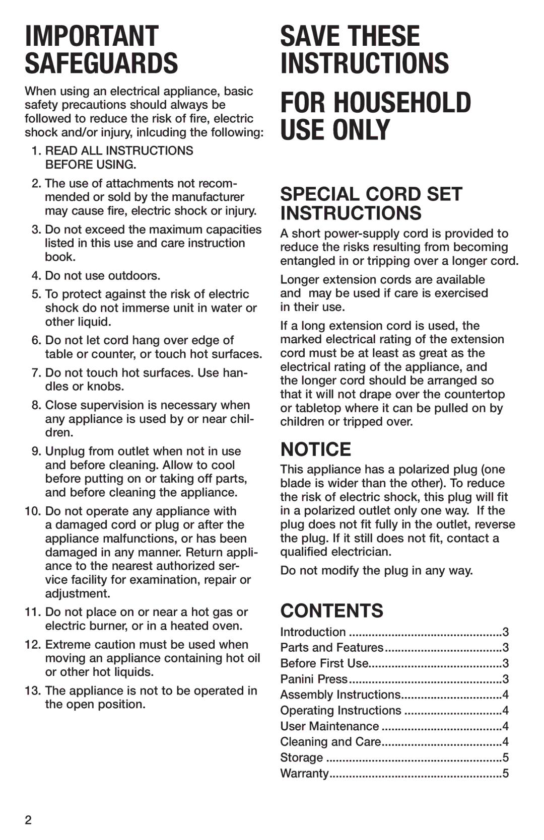 Cuisinart GR-1 manual Safeguards, Contents 