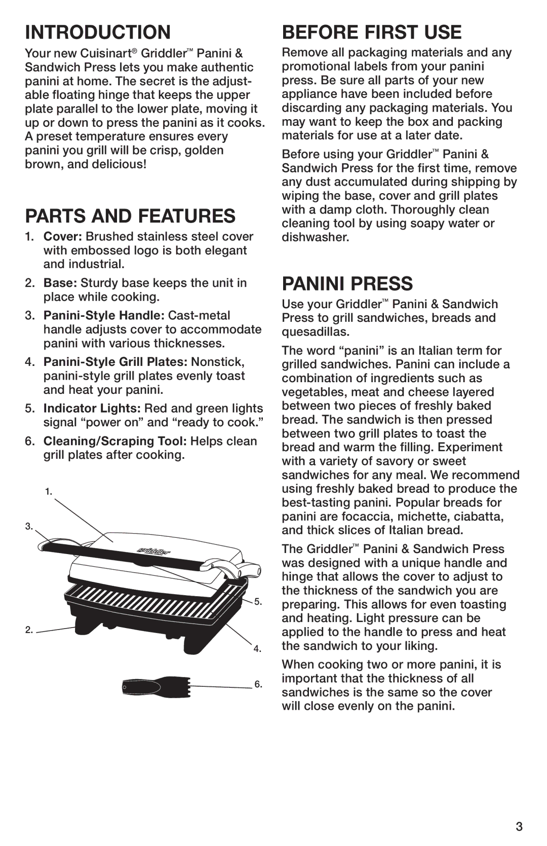 Cuisinart GR-1 manual Introduction, Parts and Features, Before First USE, Panini Press 