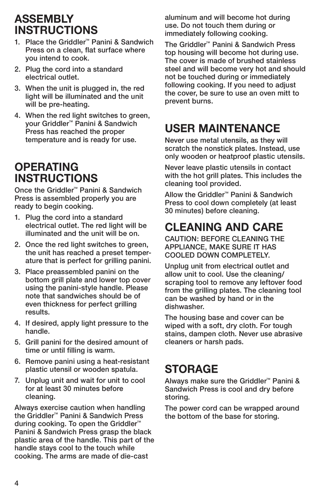 Cuisinart GR-1 manual Assembly Instructions, Operating Instructions, User Maintenance, Cleaning and Care, Storage 