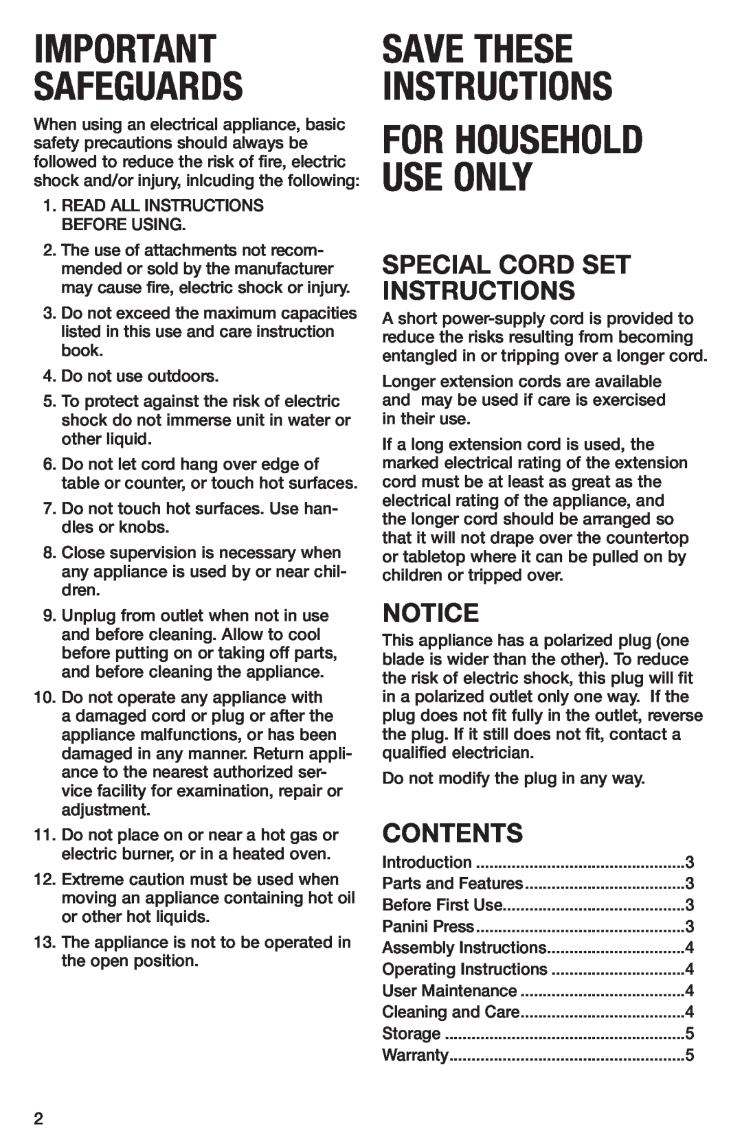 Cuisinart GR-1 manual Contents, Special Cord Set Instructions, Safeguards, Save These Instructions, For Household Use Only 
