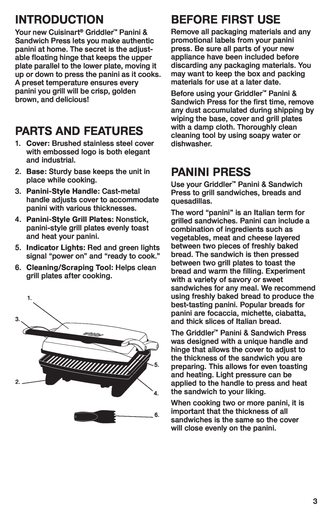 Cuisinart GR-1 manual Introduction, Parts And Features, Before First Use, Panini Press 