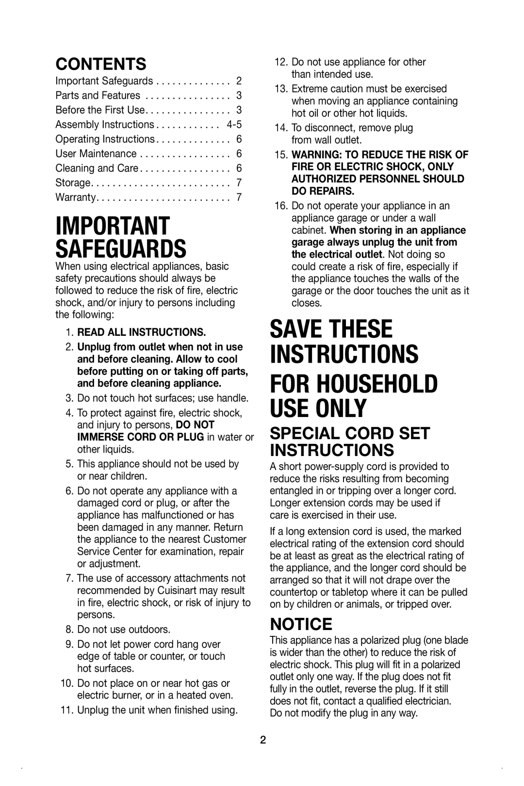 Cuisinart GR-11 manual SafeguardS, Contents 