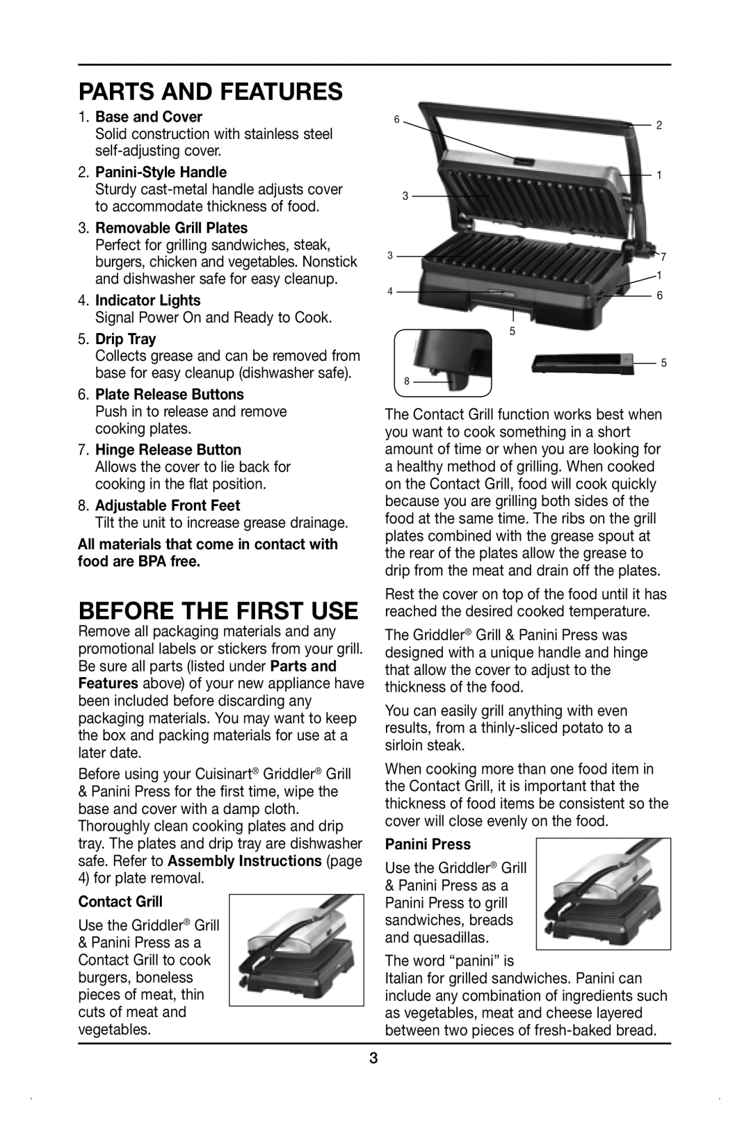 Cuisinart GR-11 manual Parts and Features, Before the first use 