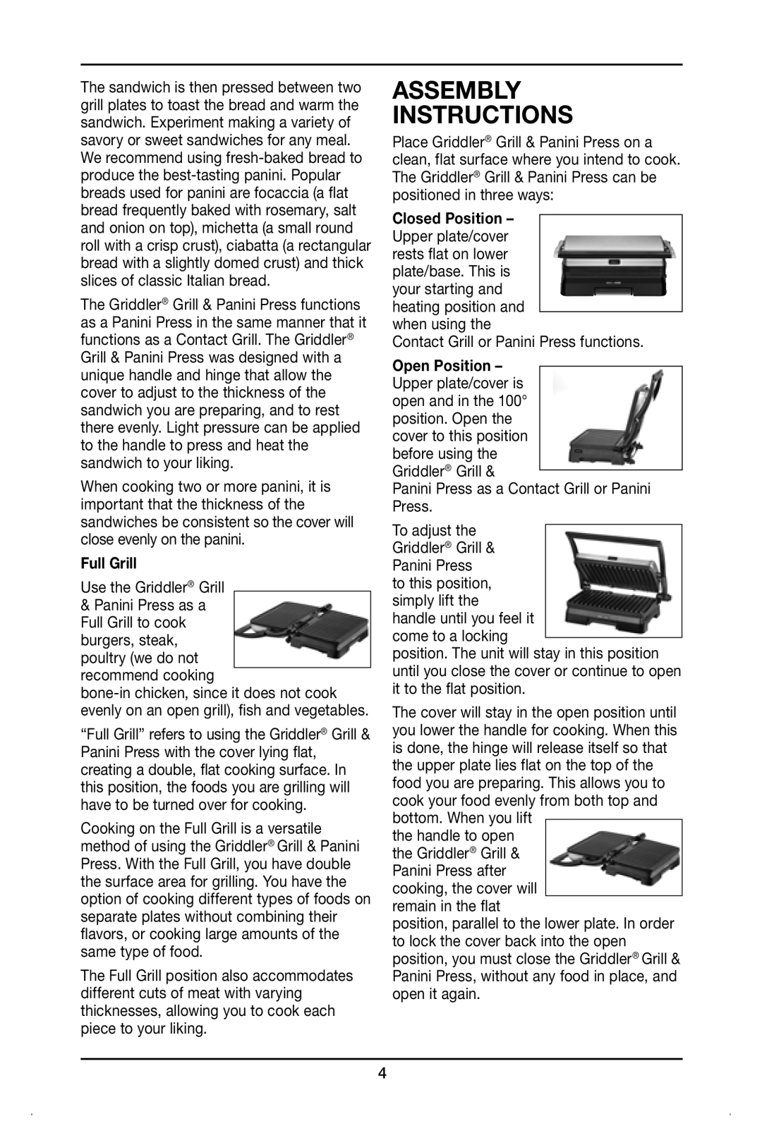 Cuisinart GR-11 manual Assembly instructions, Full Grill, Contact Grill or Panini Press functions 