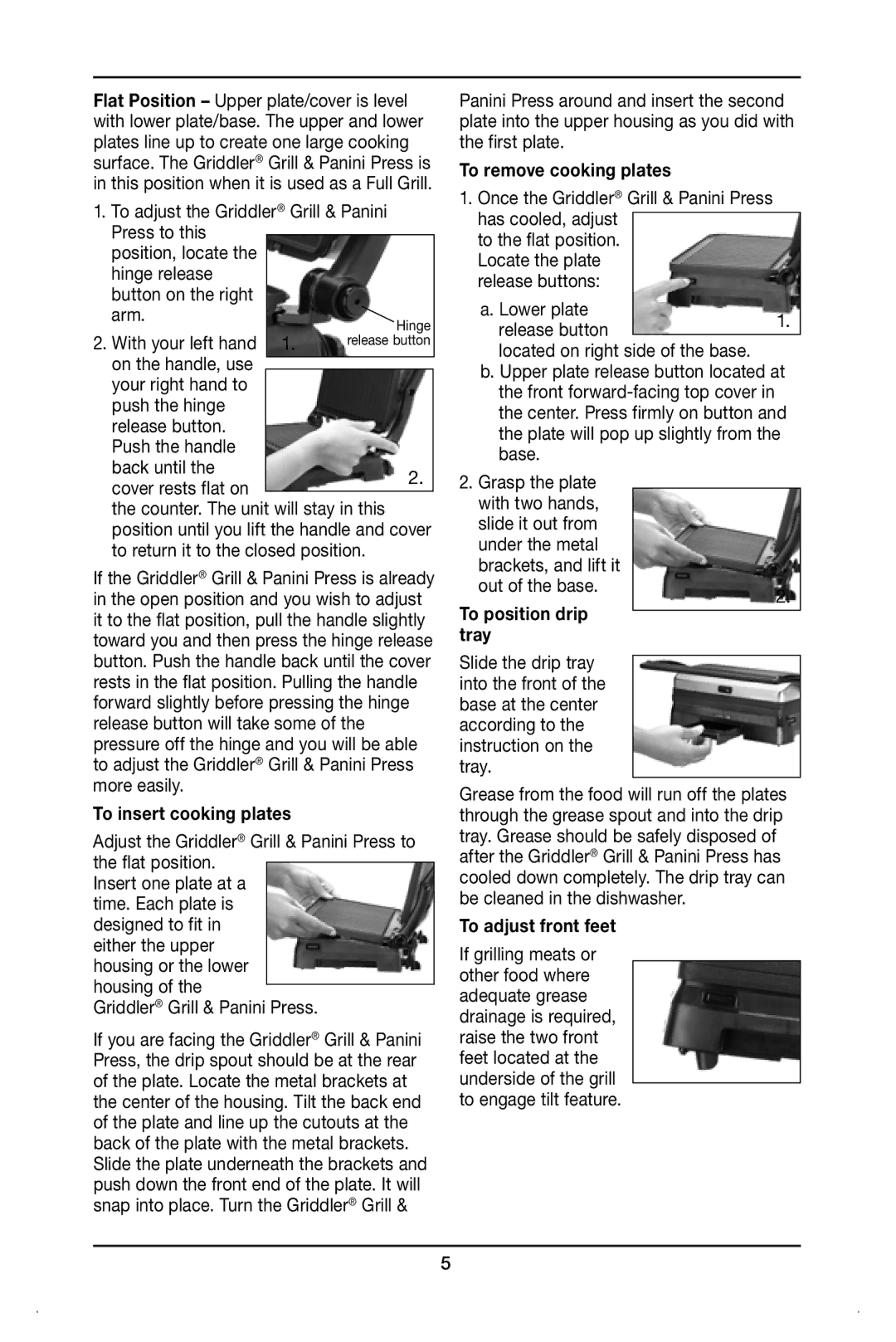 Cuisinart GR-11 manual To insert cooking plates, To remove cooking plates, To position drip, Tray, To adjust front feet 