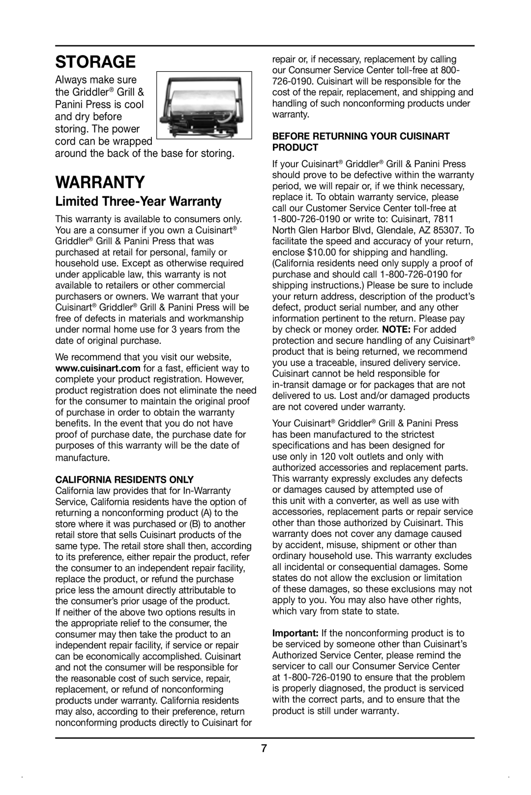 Cuisinart GR-11 manual Storage, Warranty, Around the back of the base for storing 