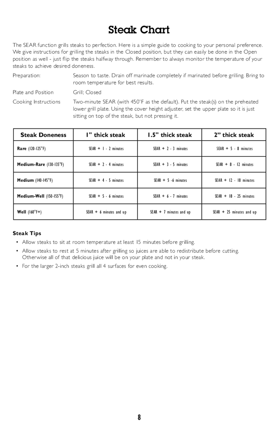 Cuisinart Griddler Deluxe, GR-150 manual Steak Chart, Steak Doneness Thick steak 