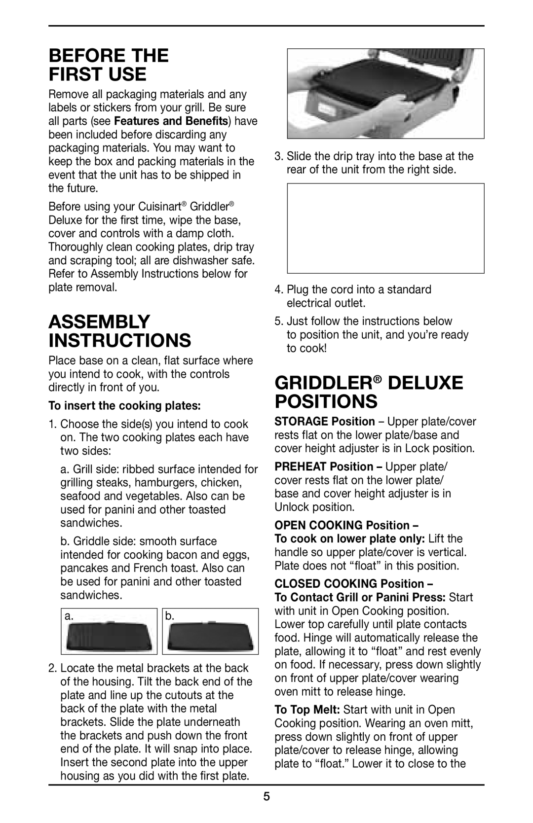 Cuisinart Griddler Deluxe, GR-150 manual Before the first use, Assembly instructions 