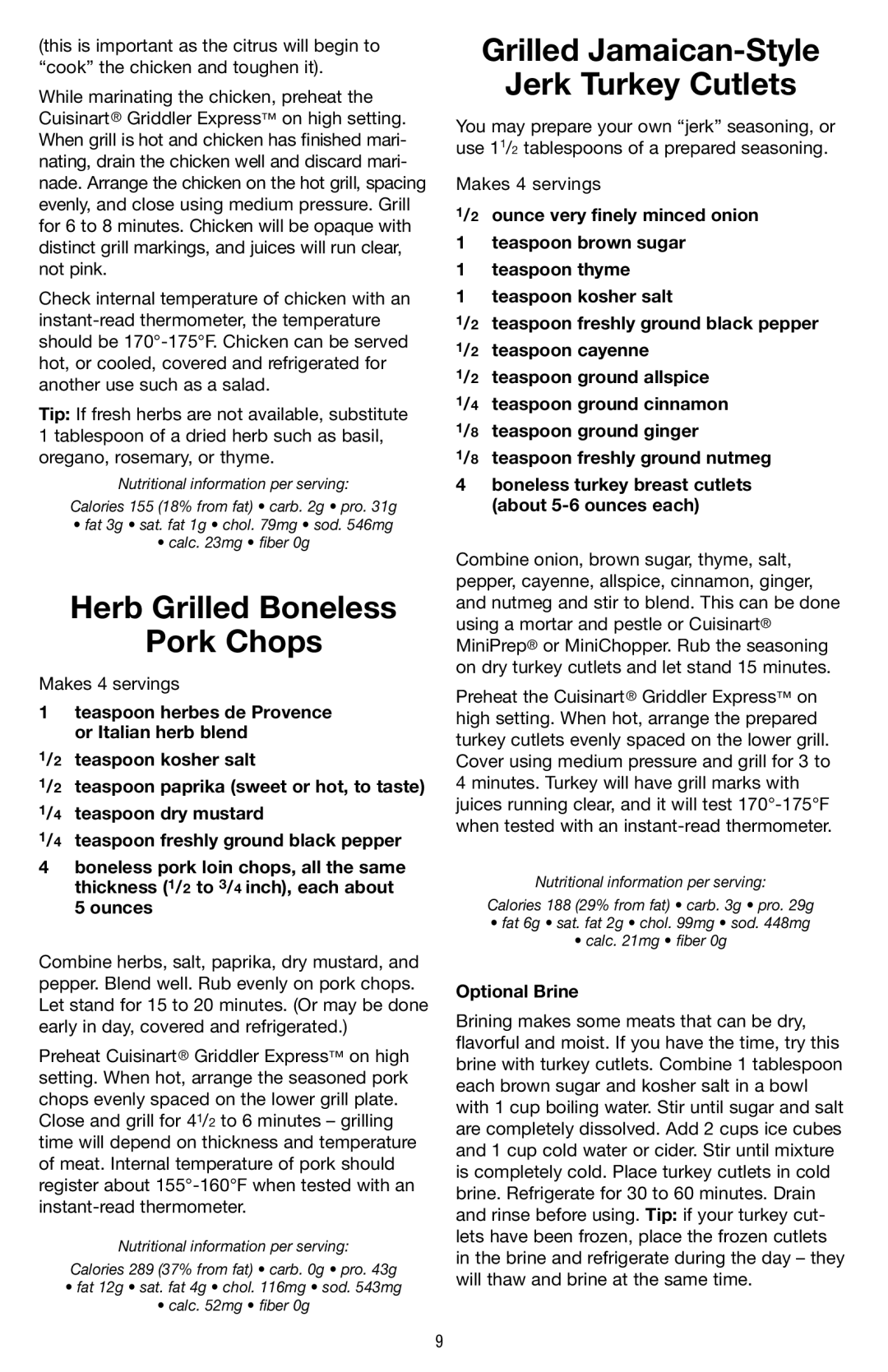 Cuisinart GR-2 manual Herb Grilled Boneless Pork Chops, Grilled Jamaican-Style Jerk Turkey Cutlets, Optional Brine 