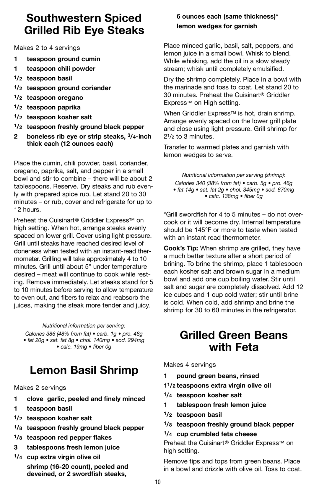 Cuisinart GR-2 manual Southwestern Spiced Grilled Rib Eye Steaks, Lemon Basil Shrimp, Grilled Green Beans With Feta 