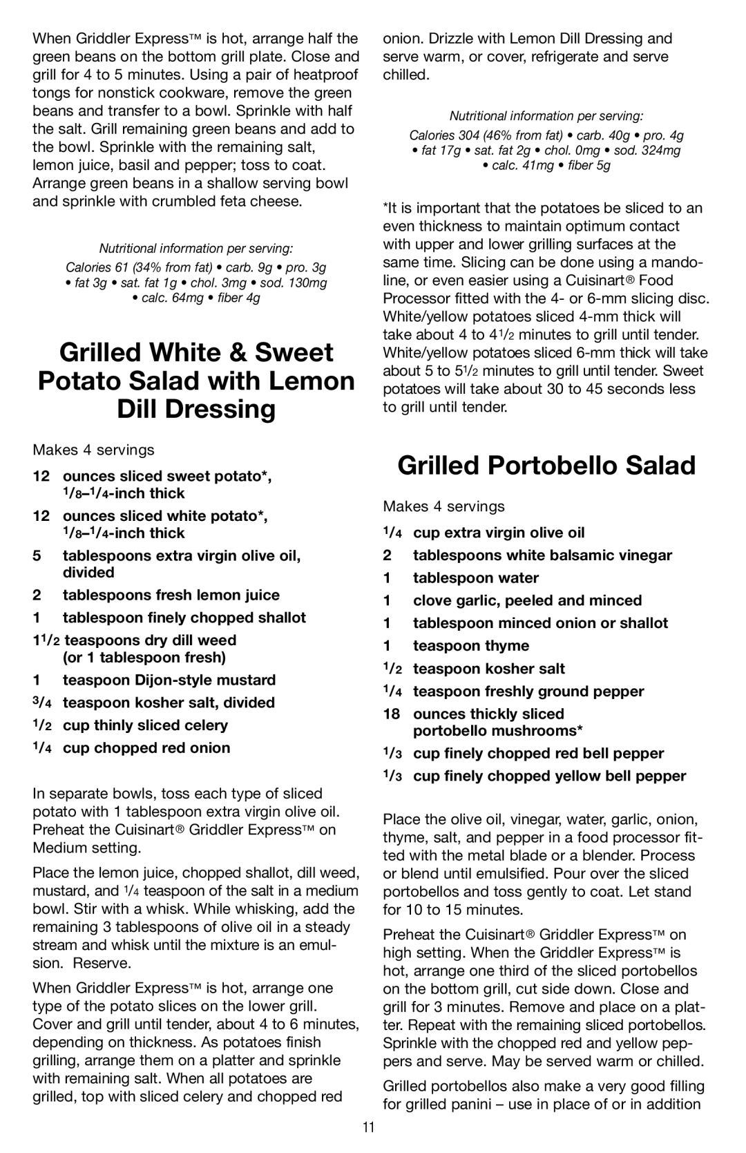 Cuisinart GR-2 manual Grilled White & Sweet Potato Salad with Lemon Dill Dressing, Grilled Portobello Salad 