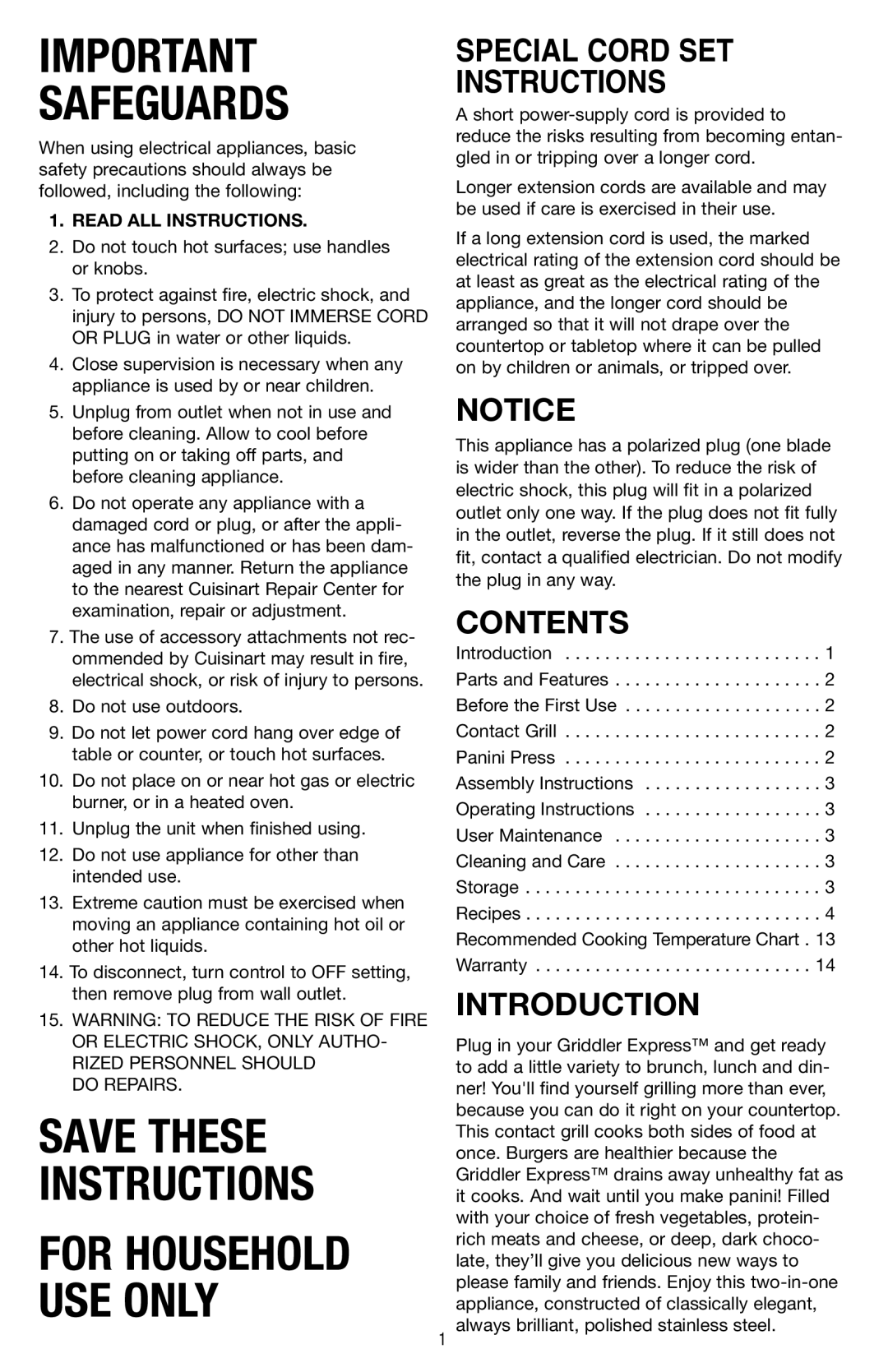 Cuisinart GR-2 manual Special Cord SET Instructions, Contents, Introduction 