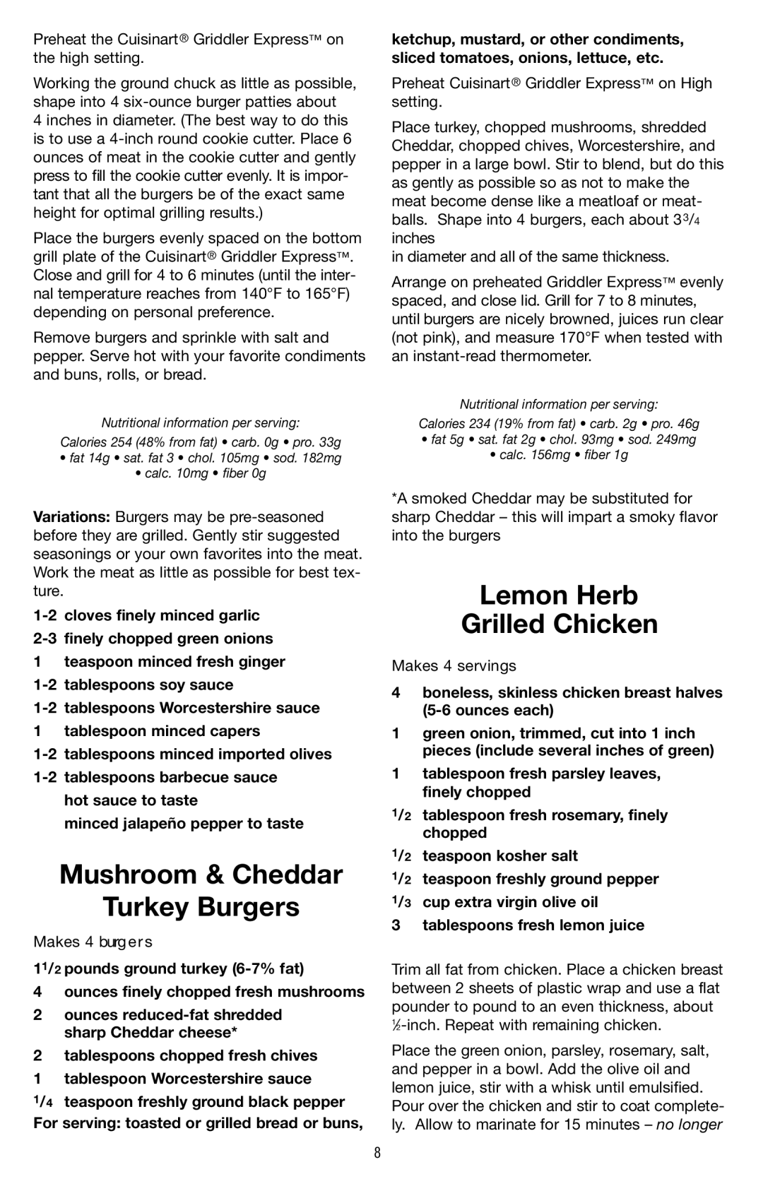 Cuisinart GR-2 manual Mushroom & Cheddar Turkey Burgers, Lemon Herb Grilled Chicken 