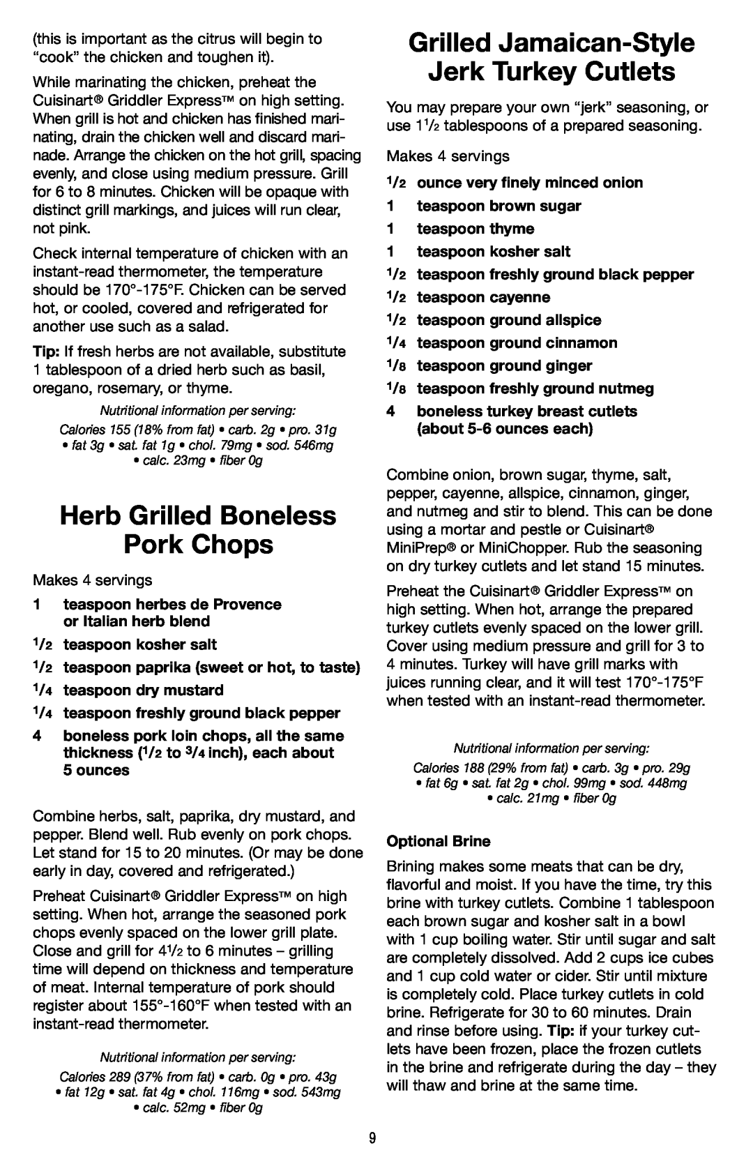Cuisinart GR-2 manual Herb Grilled Boneless Pork Chops, Grilled Jamaican-Style Jerk Turkey Cutlets, Optional Brine 