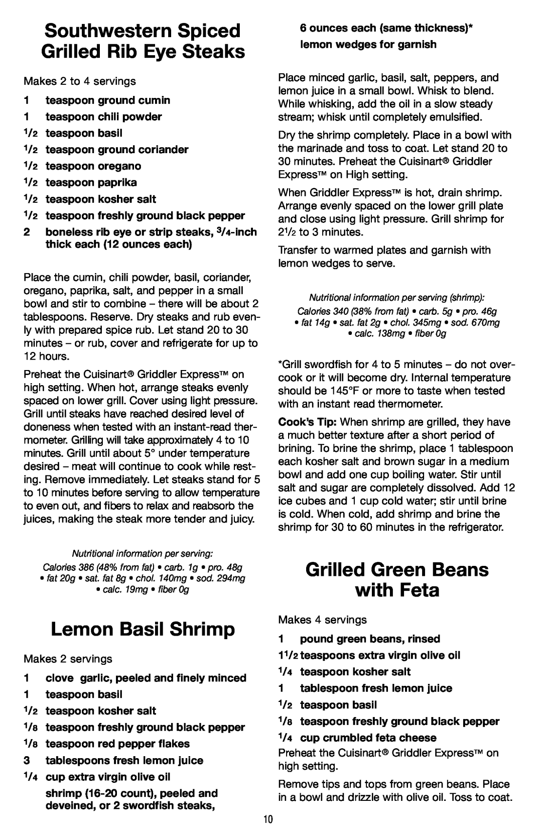 Cuisinart GR-2 manual Southwestern Spiced Grilled Rib Eye Steaks, Lemon Basil Shrimp, Grilled Green Beans with Feta 
