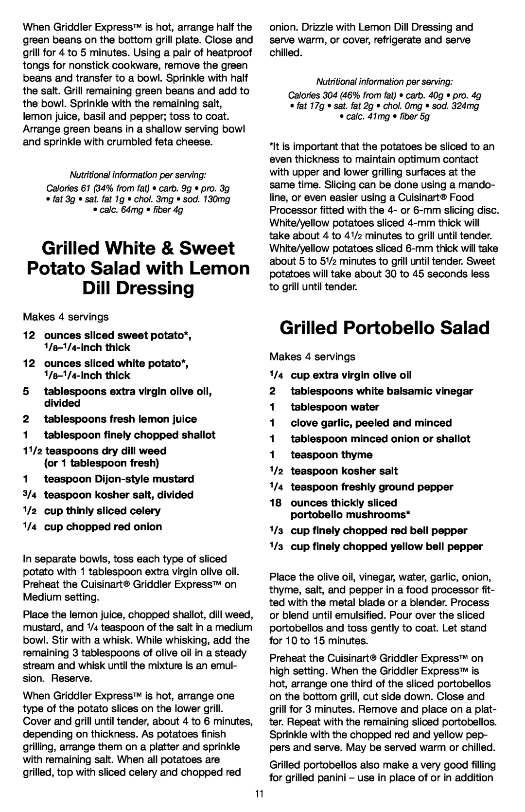 Cuisinart GR-2 manual Grilled White & Sweet Potato Salad with Lemon Dill Dressing, Grilled Portobello Salad 