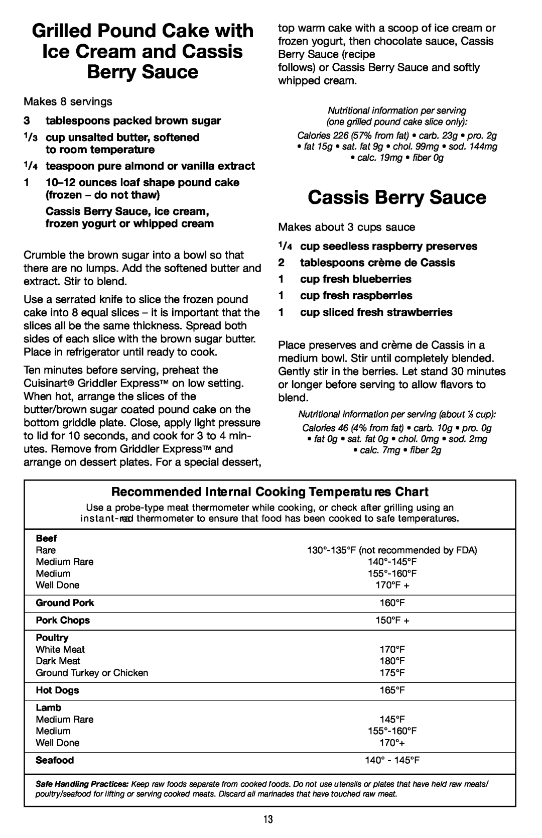 Cuisinart GR-2 Grilled Pound Cake with Ice Cream and Cassis Berry Sauce, Recommended Inte rnal Cooking Temperatu res Chart 