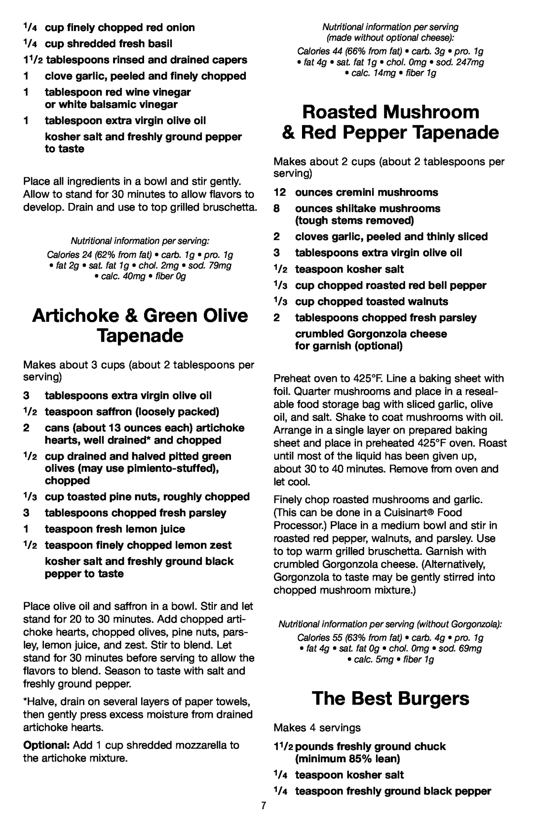 Cuisinart GR-2 manual Artichoke & Green Olive Tapenade, Roasted Mushroom Red Pepper Tapenade, The Best Burgers 