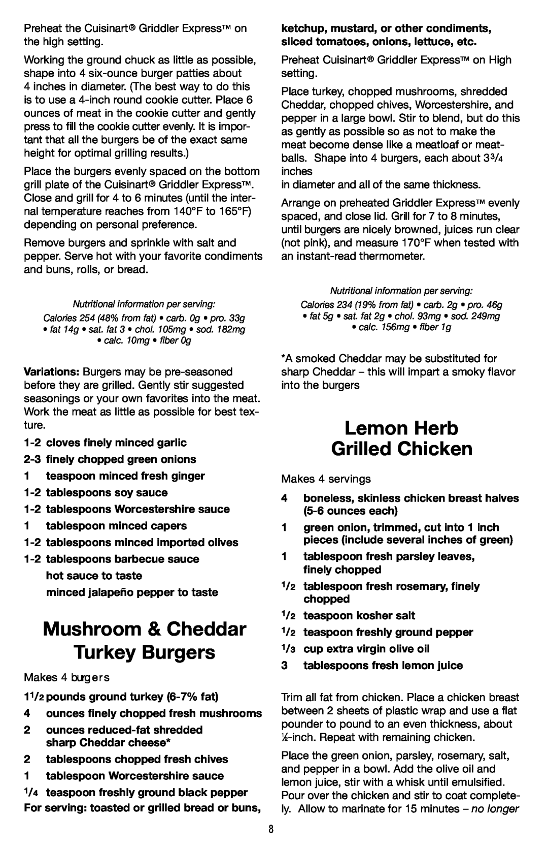 Cuisinart GR-2 manual Mushroom & Cheddar Turkey Burgers, Lemon Herb Grilled Chicken 